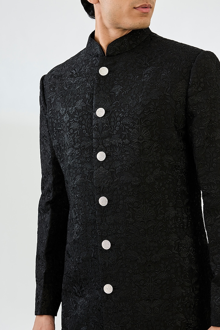 Black Cotton Silk Thread Embroidered Groom Sherwani Set by Seema Gujral Men at Pernia's Pop Up Shop