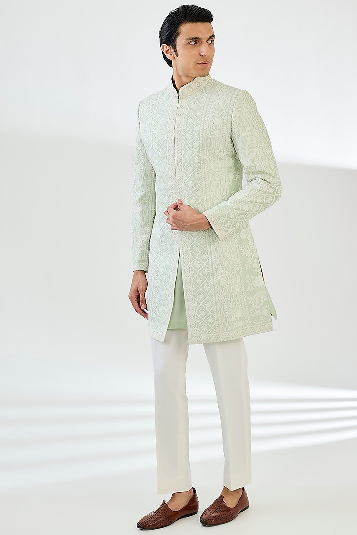 Mint Green Raw Silk Dori Embroidered Groom Sherwani Set by Seema Gujral Men at Pernia's Pop Up Shop