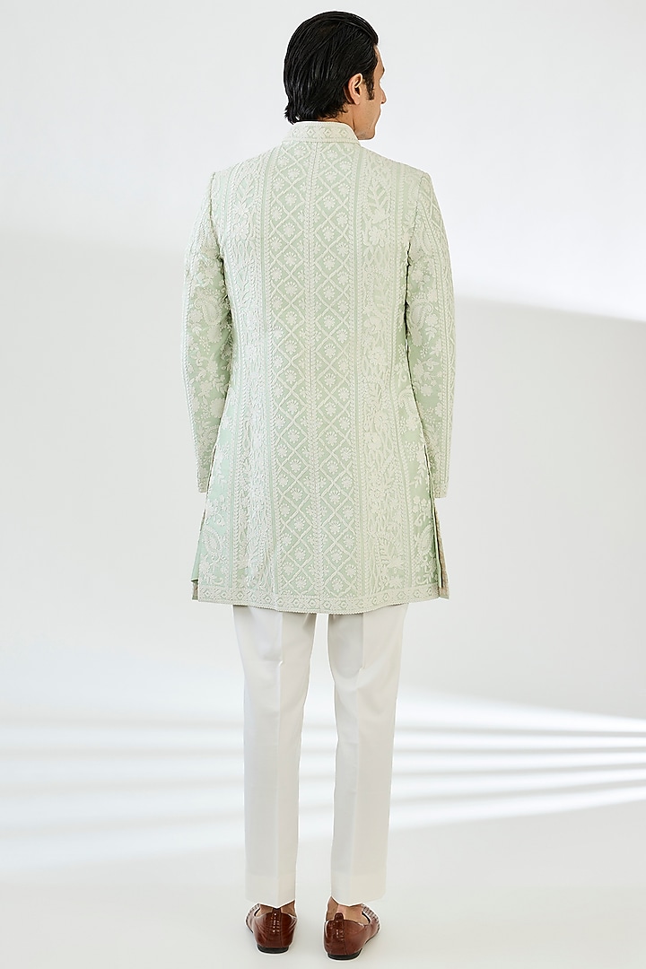 Mint Green Raw Silk Dori Embroidered Groom Sherwani Set by Seema Gujral Men at Pernia's Pop Up Shop