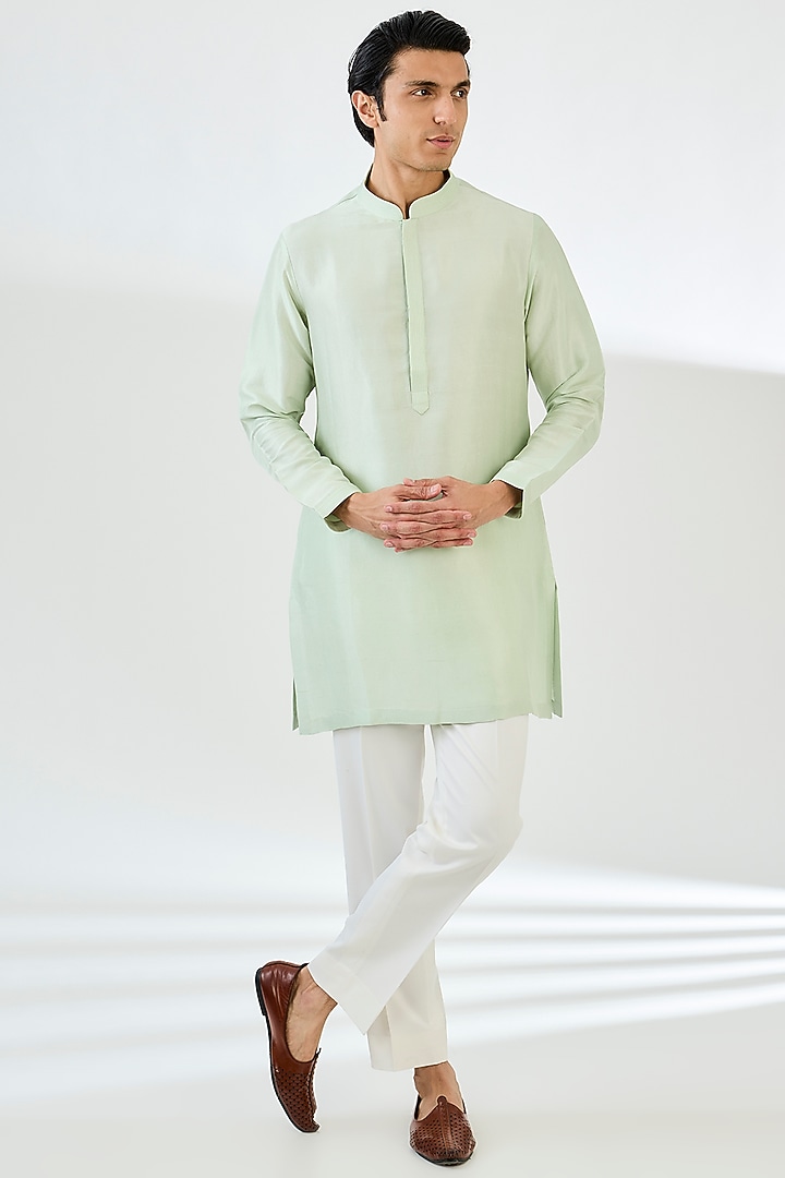 Mint Green Raw Silk Dori Embroidered Groom Sherwani Set by Seema Gujral Men at Pernia's Pop Up Shop