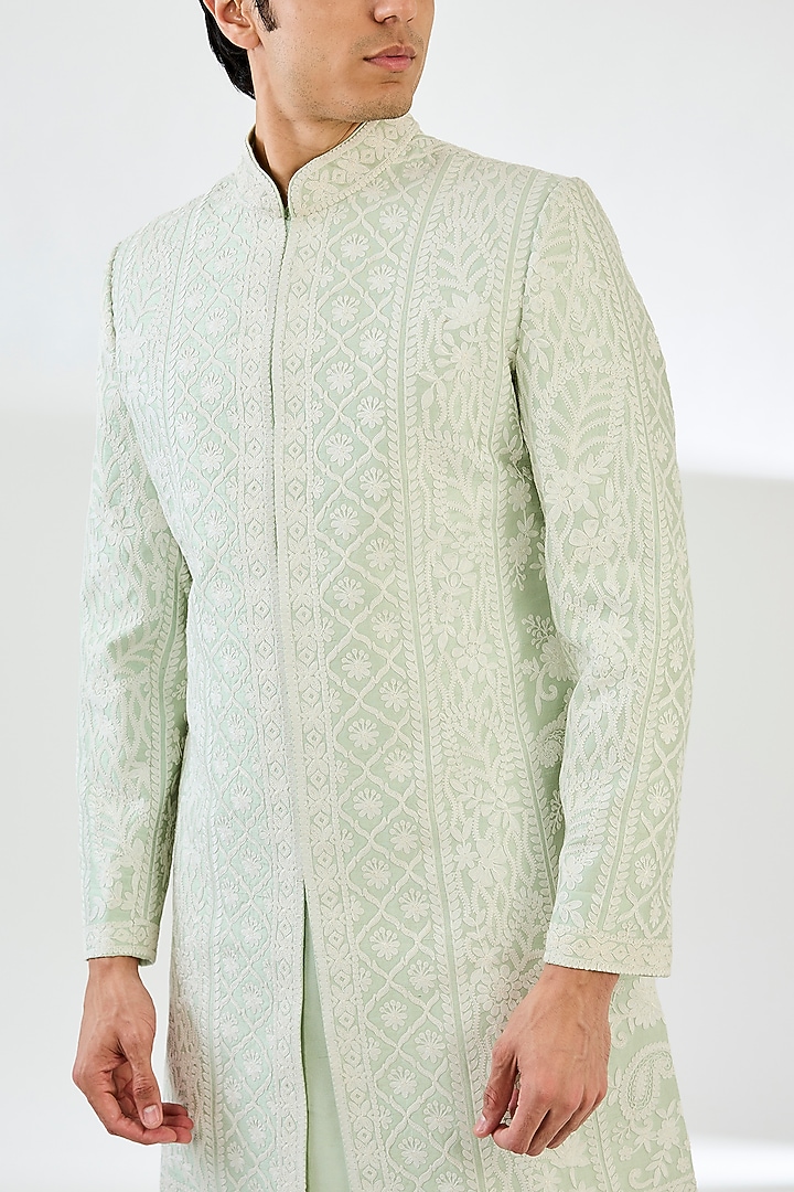 Mint Green Raw Silk Dori Embroidered Groom Sherwani Set by Seema Gujral Men at Pernia's Pop Up Shop