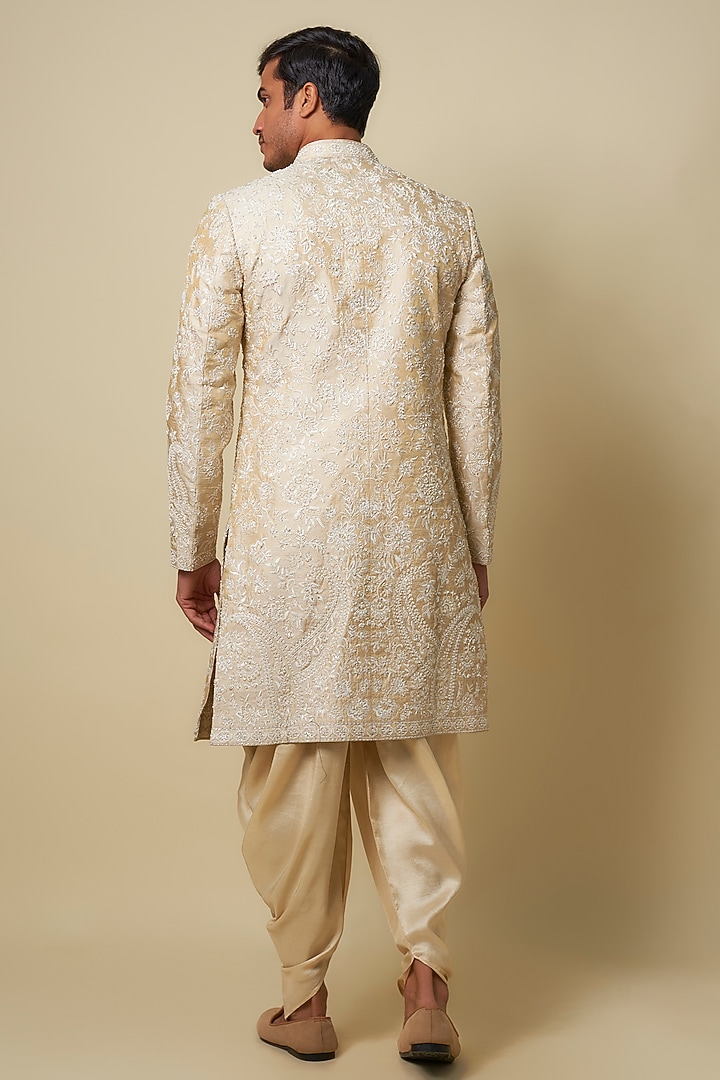 Beige Raw Silk Embroidered Sherwani Set by Seema Gujral Men at Pernia's Pop Up Shop