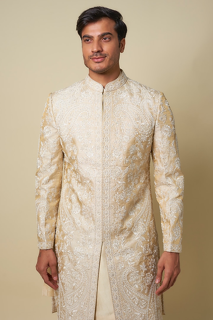 Beige Raw Silk Embroidered Sherwani Set by Seema Gujral Men at Pernia's Pop Up Shop
