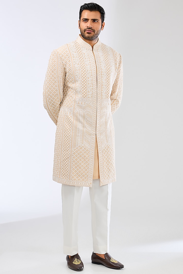 Nude Raw Silk Embroidered Sherwani Set by Seema Gujral Men at Pernia's Pop Up Shop