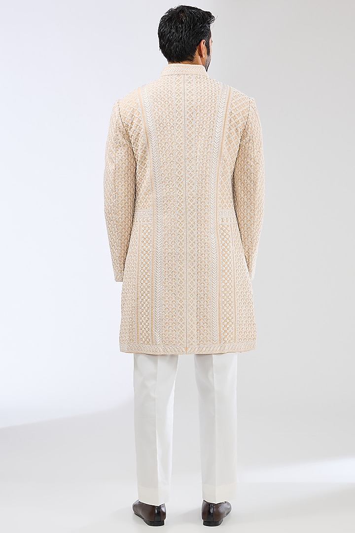 Nude Raw Silk Embroidered Sherwani Set by Seema Gujral Men at Pernia's Pop Up Shop