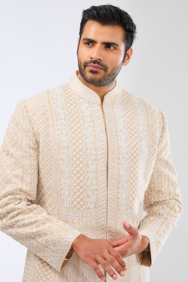 Nude Raw Silk Embroidered Sherwani Set by Seema Gujral Men at Pernia's Pop Up Shop