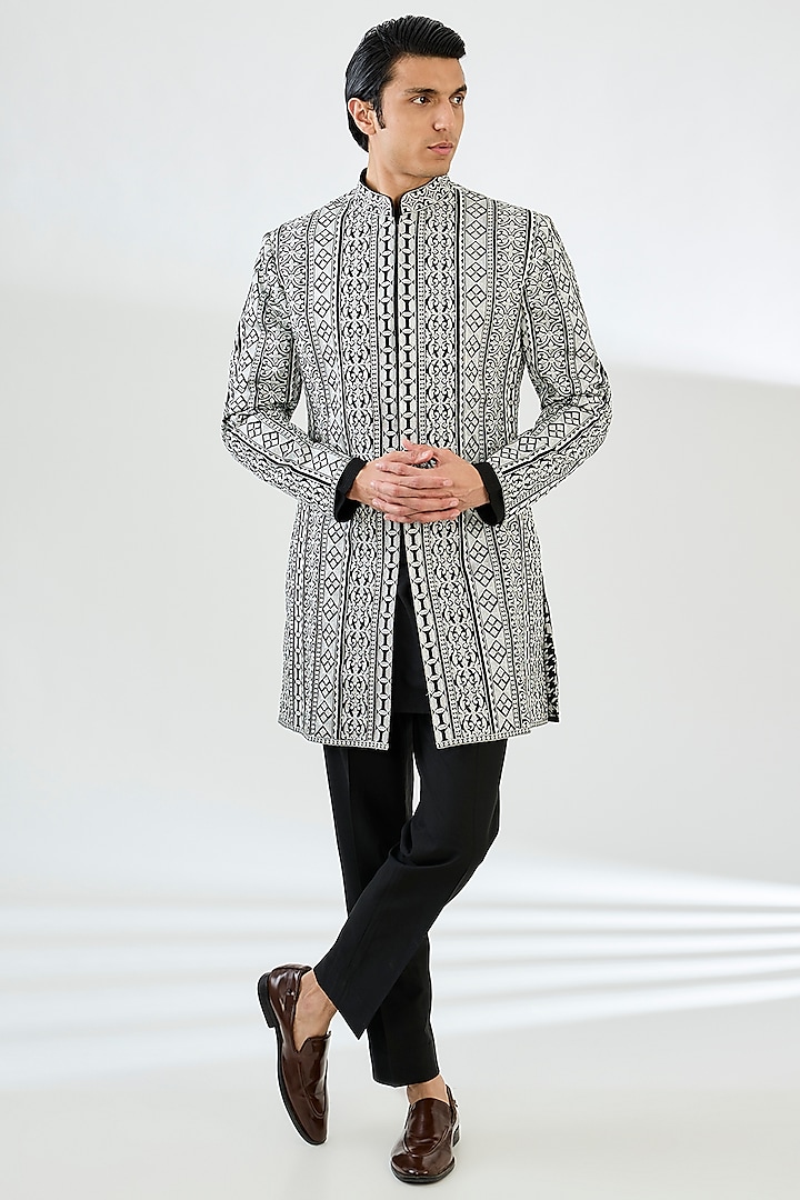 Black Cotton Silk Threadwork Sherwani Set by Seema Gujral Men