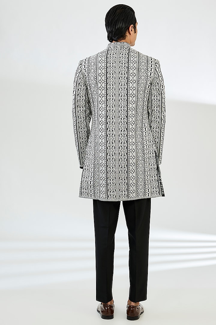 Black Cotton Silk Threadwork Groom Sherwani Set by Seema Gujral Men at Pernia's Pop Up Shop