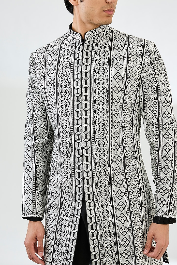 Black Cotton Silk Threadwork Groom Sherwani Set by Seema Gujral Men at Pernia's Pop Up Shop