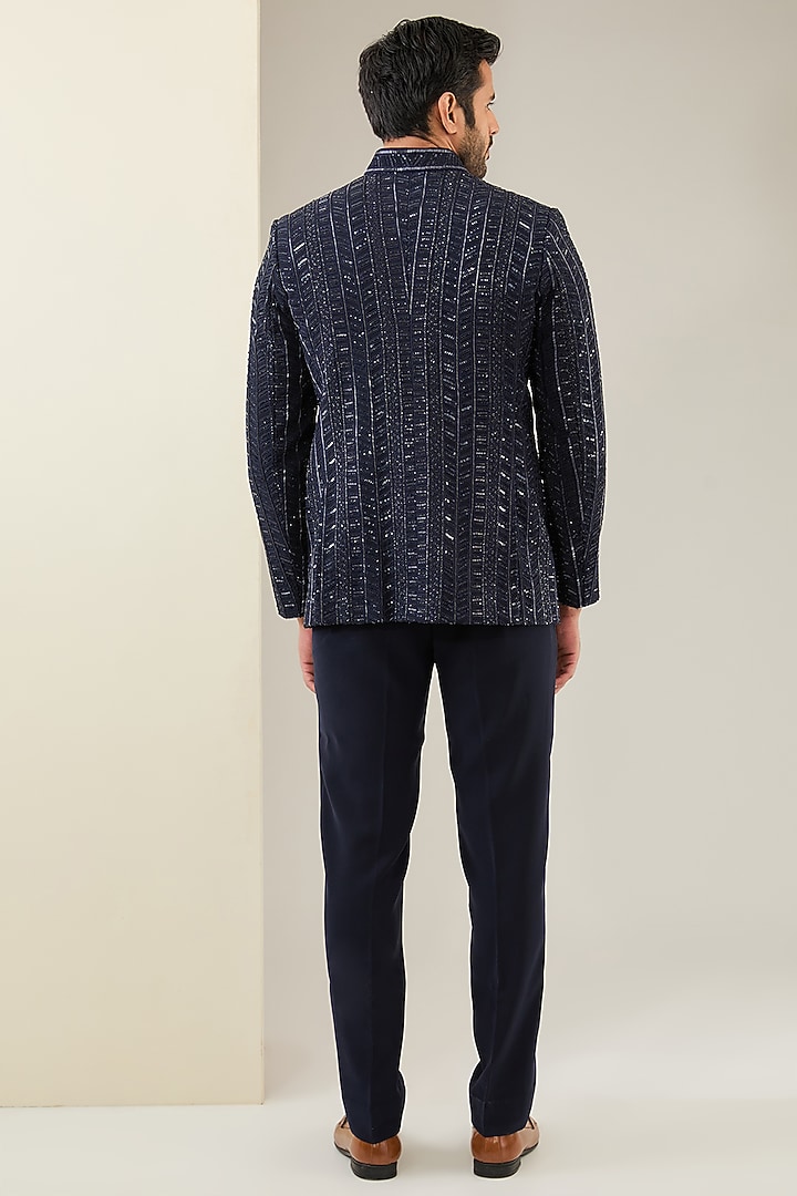 Midnight Blue Cotton Bugle Bead Embroidered Groom Bandhgala Set by Seema Gujral Men at Pernia's Pop Up Shop