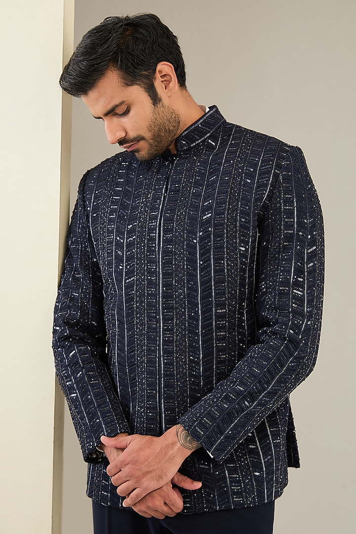 Midnight Blue Cotton Bugle Bead Embroidered Groom Bandhgala Set by Seema Gujral Men at Pernia's Pop Up Shop