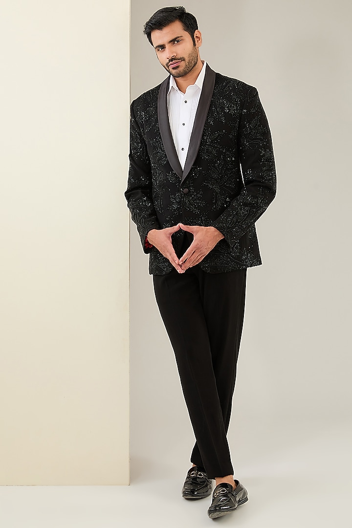 Black Suiting Fabric Embroidered Tuxedo Set by Seema Gujral Men at Pernia's Pop Up Shop