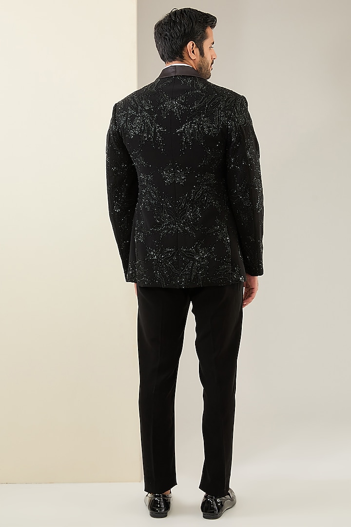 Black Suiting Fabric Embroidered Tuxedo Set by Seema Gujral Men at Pernia's Pop Up Shop