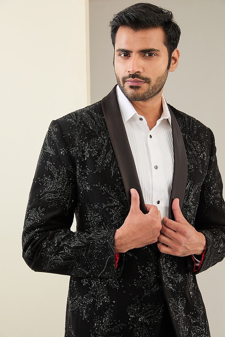 Black Suiting Fabric Embroidered Tuxedo Set by Seema Gujral Men at Pernia's Pop Up Shop