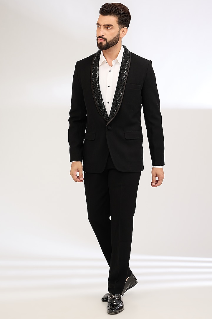 Black Suiting fabric Embroidered Tuxedo Set by Seema Gujral Men