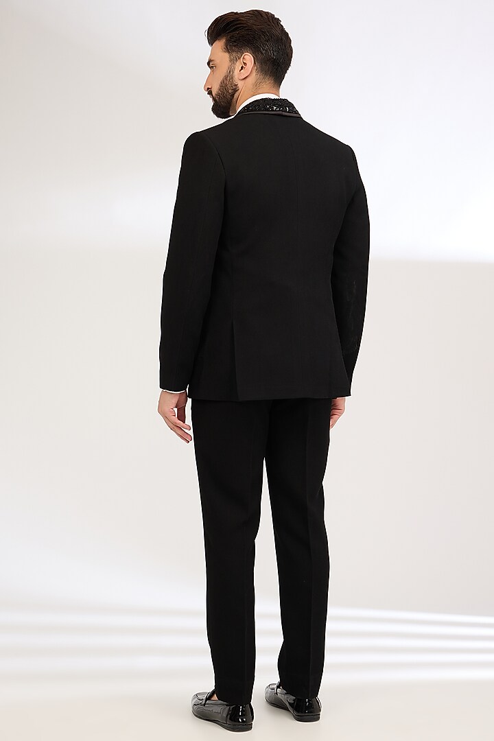 Black Suiting fabric Embroidered Tuxedo Set by Seema Gujral Men at Pernia's Pop Up Shop