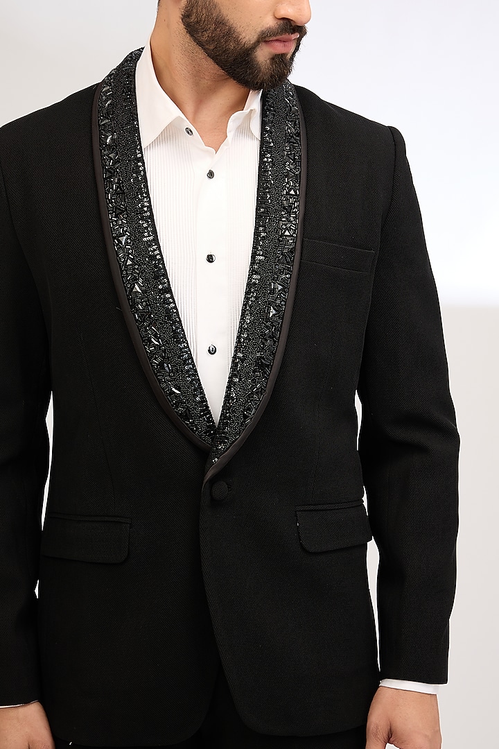 Black Suiting fabric Embroidered Tuxedo Set by Seema Gujral Men at Pernia's Pop Up Shop