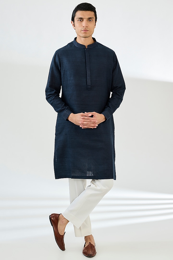 Midnight Blue Matka Silk Applique Embroidered Bundi Jacket Set by Seema Gujral Men at Pernia's Pop Up Shop