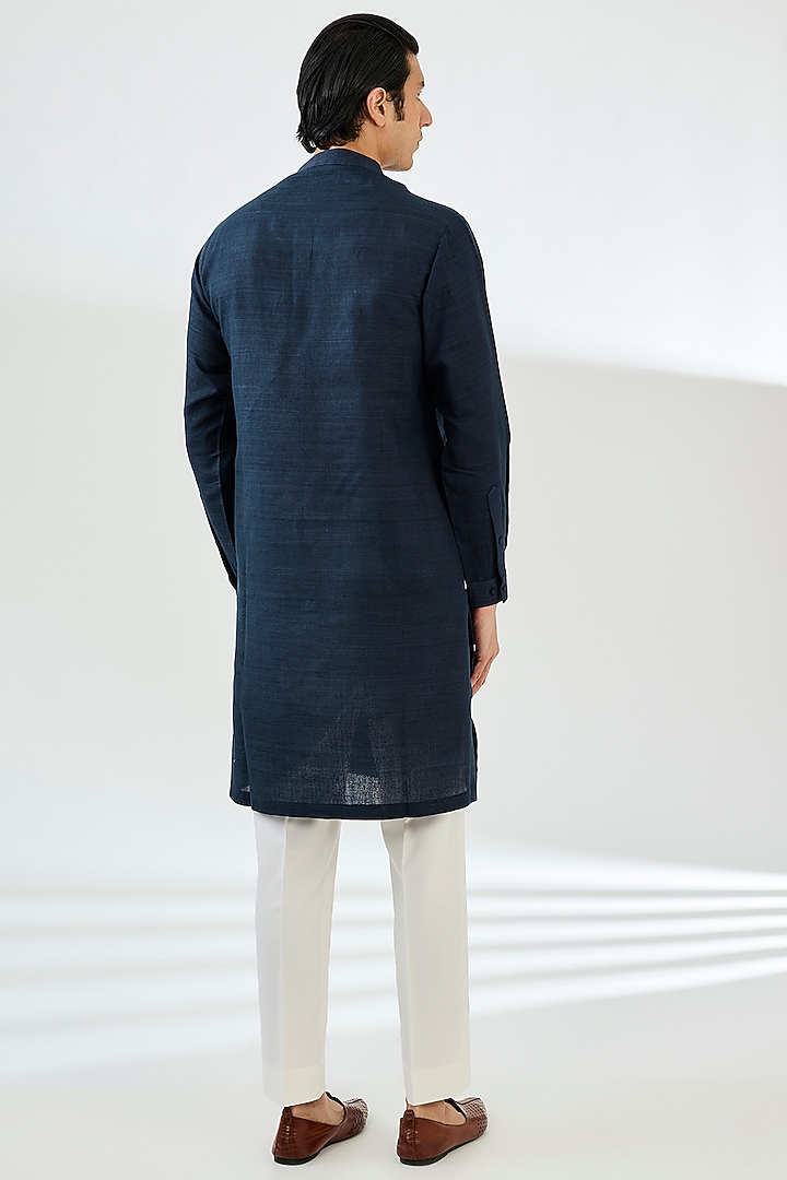 Midnight Blue Matka Silk Applique Embroidered Bundi Jacket Set by Seema Gujral Men at Pernia's Pop Up Shop