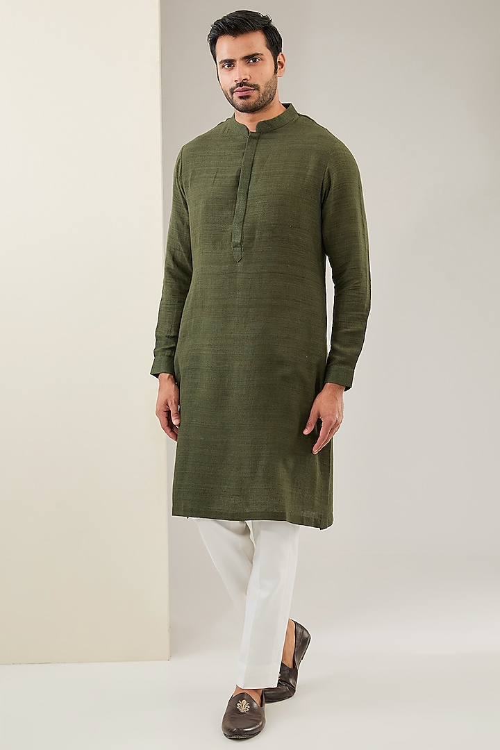 Olive Matka Silk Applique Embroidered Bundi Jacket Set by Seema Gujral Men at Pernia's Pop Up Shop