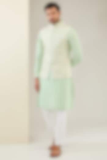 Mint Green Matka Silk Embroidered Bundi Jacket Set by Seema Gujral Men