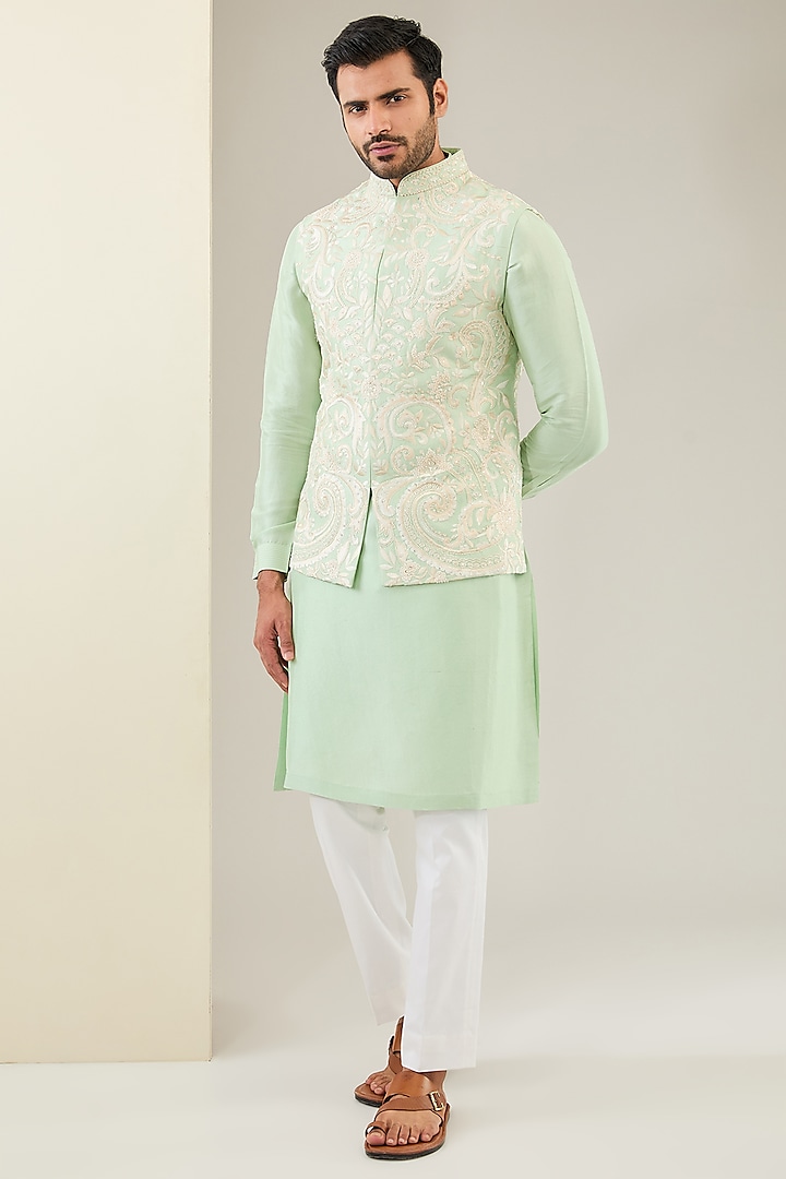 Mint Green Matka Silk Embroidered Bundi Jacket Set by Seema Gujral Men