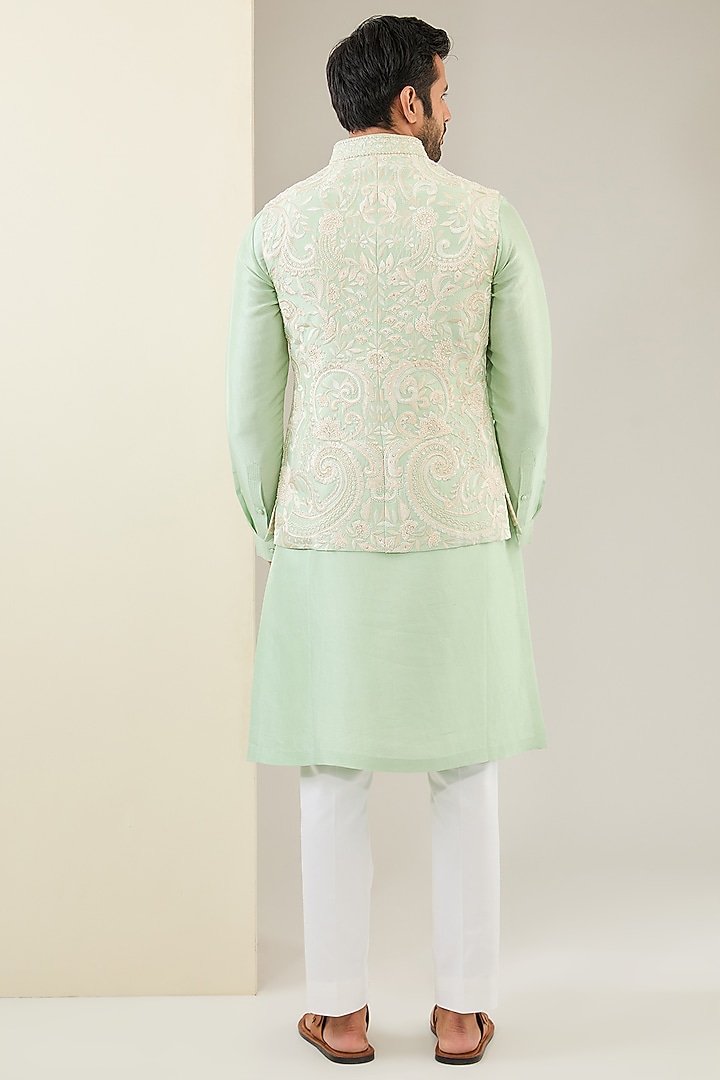 Mint Green Matka Silk Embroidered Bundi Jacket Set by Seema Gujral Men at Pernia's Pop Up Shop