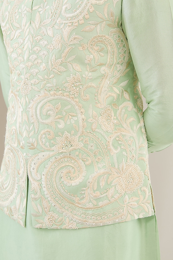 Mint Green Matka Silk Embroidered Bundi Jacket Set by Seema Gujral Men at Pernia's Pop Up Shop