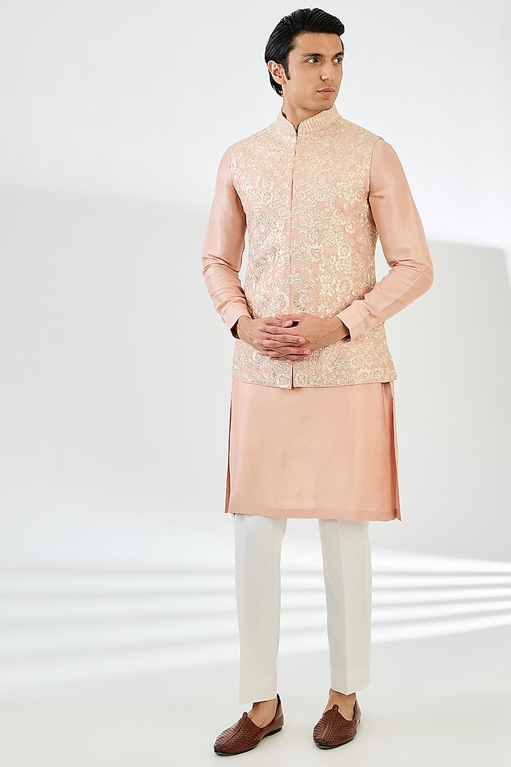 Peach Silk Floral Embroidered Bundi Jacket Set by Seema Gujral Men