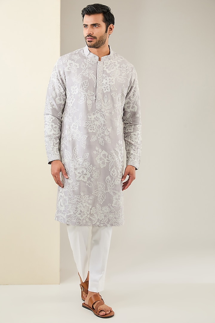 Grey Silk Dori Embroidered Kurta Set by Seema Gujral Men