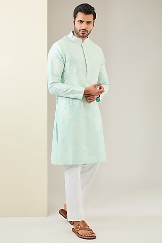 Mint Green Silk Dori Embroidered Kurta Set by Seema Gujral Men