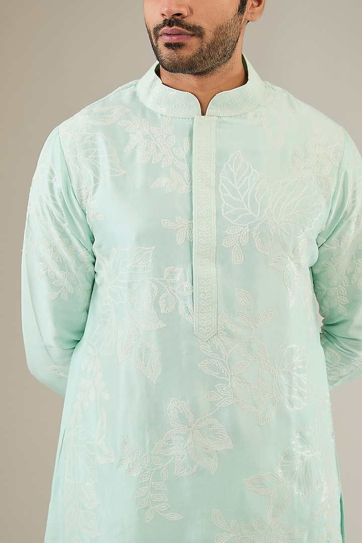 Mint Green Silk Dori Embroidered Kurta Set by Seema Gujral Men at Pernia's Pop Up Shop