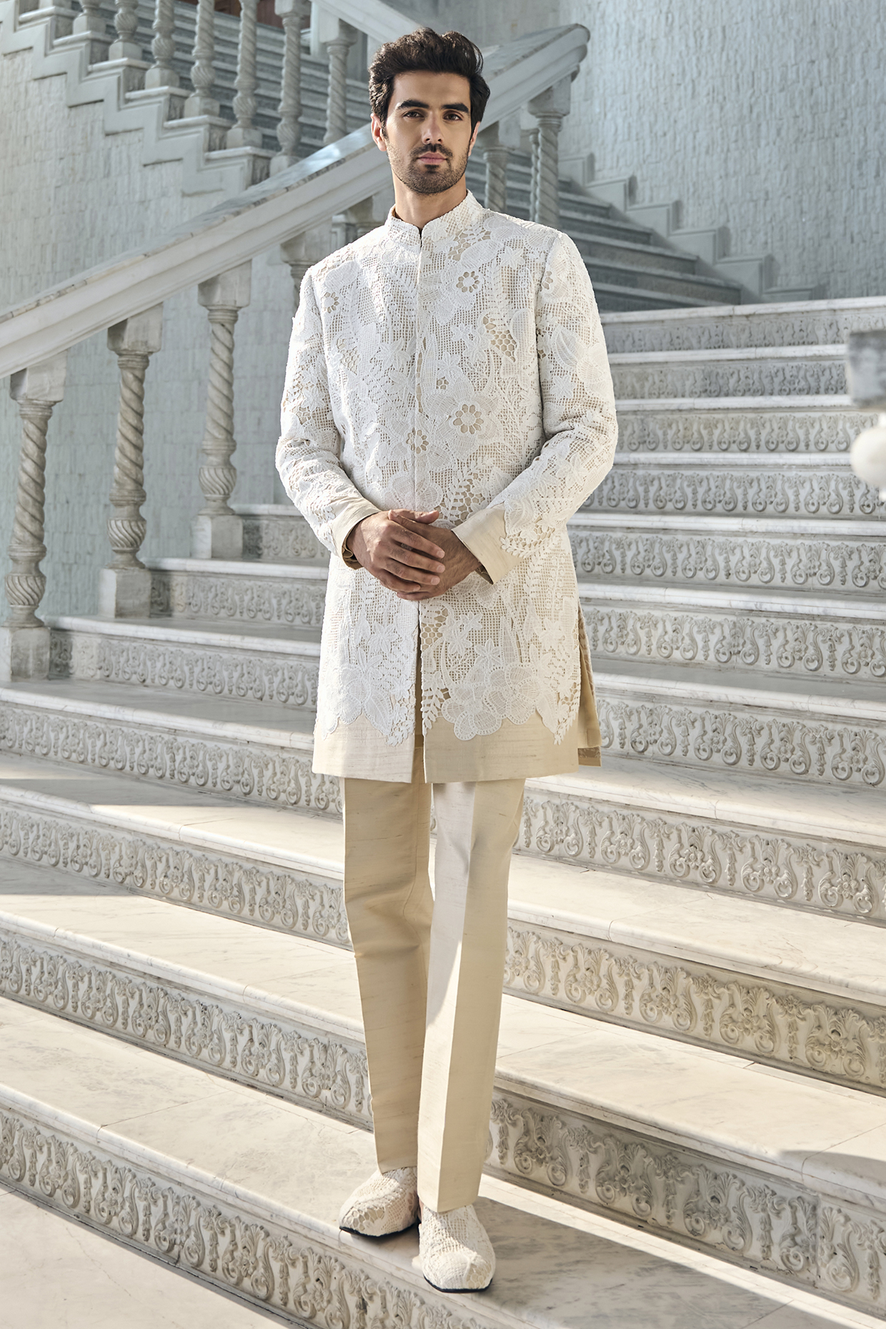 Nude Raw Silk Cutwork Embroidered Sherwani Set by Seema Gujral Men