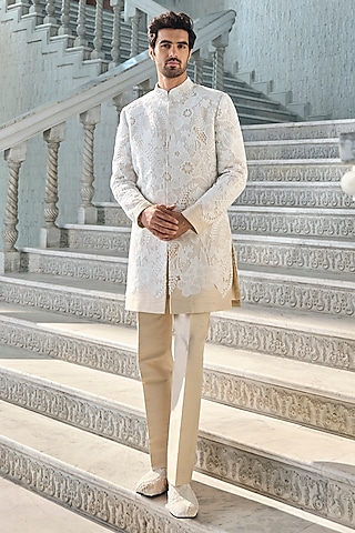 Nude Raw Silk Cutwork Embroidered Sherwani Set by Seema Gujral Men