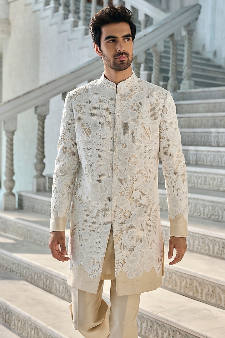 Nude Raw Silk Cutwork Embroidered Groom Sherwani Set by Seema Gujral Men at Pernia's Pop Up Shop