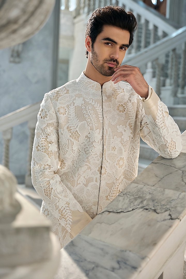 Nude Raw Silk Cutwork Embroidered Groom Sherwani Set by Seema Gujral Men at Pernia's Pop Up Shop
