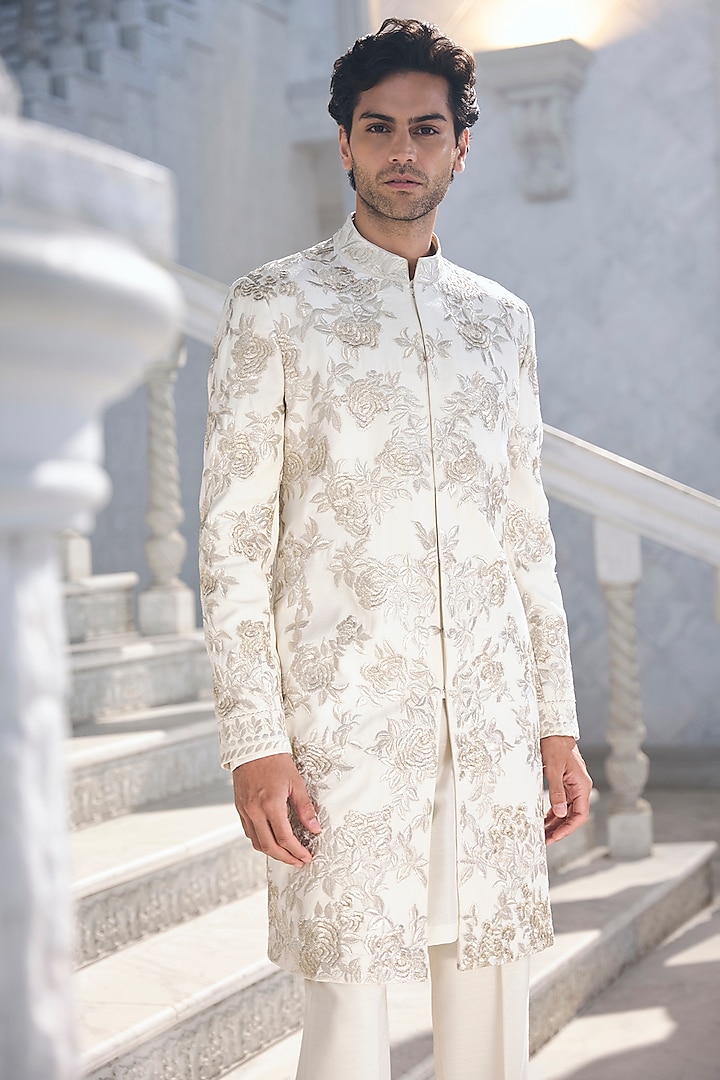 Ivory Matka Silk Zari Embroidered Groom Sherwani Set by Seema Gujral Men at Pernia's Pop Up Shop