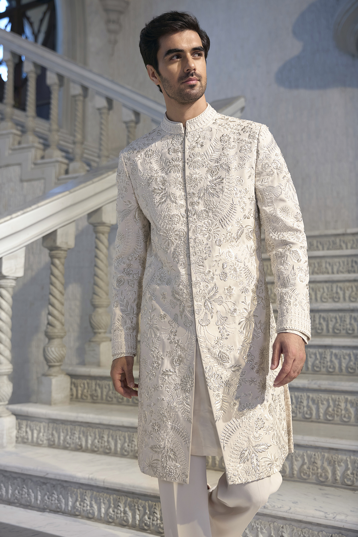 Ivory Italian Crepe Zari Embroidered Sherwani Set by Seema Gujral Men