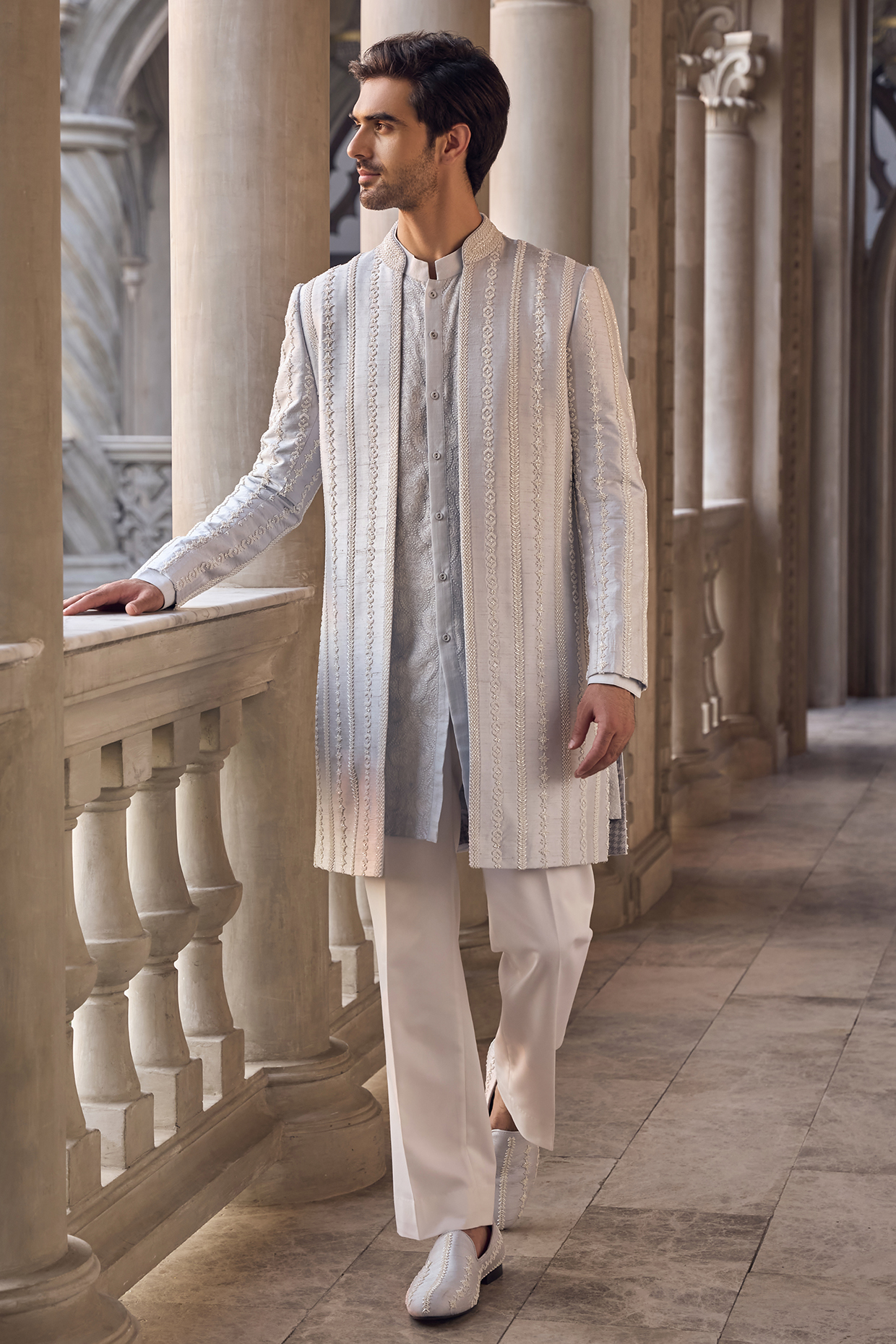 Sage Green Italian Crepe Thread Embroidered Sherwani Set by Seema Gujral Men