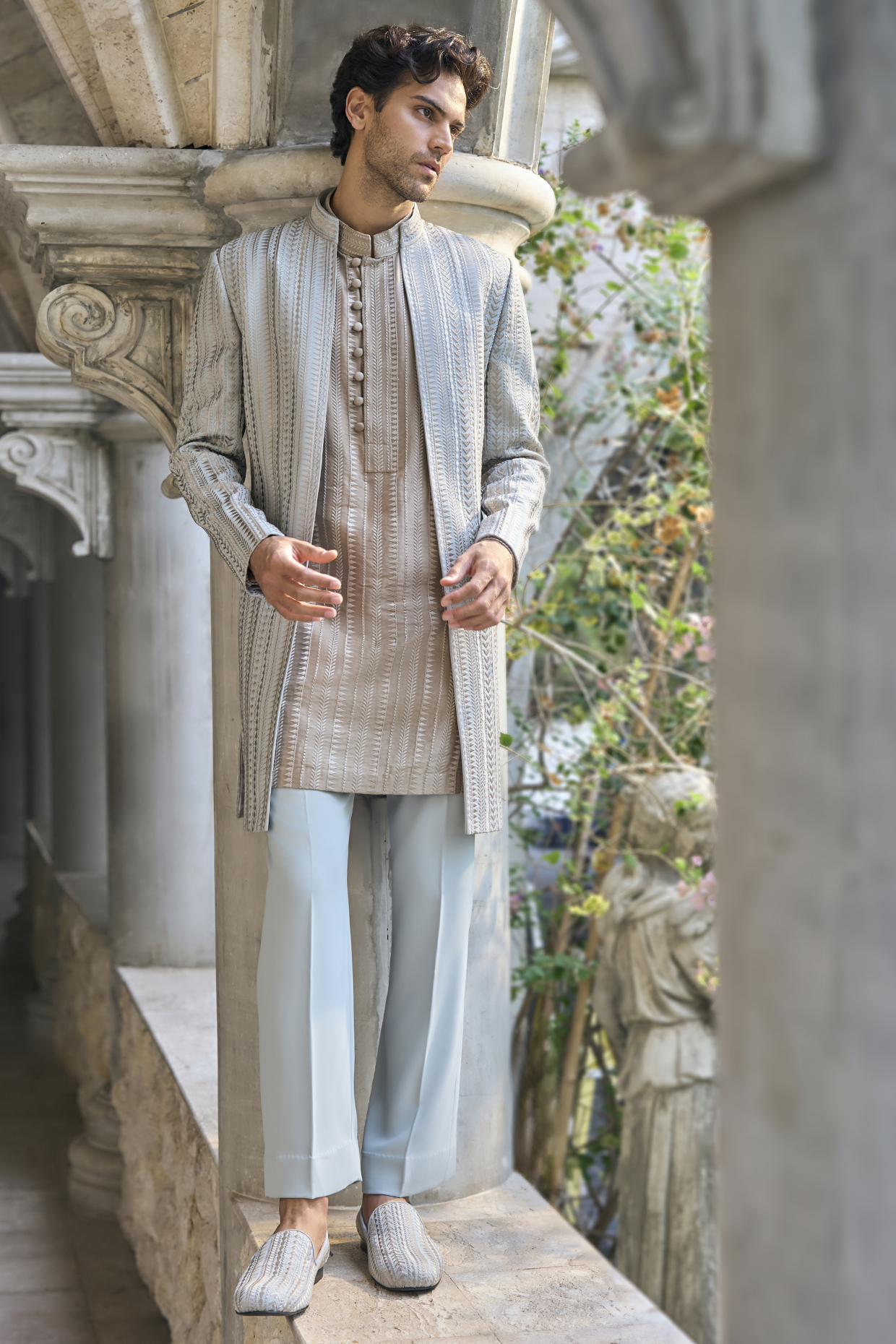 Sage Green Italian Crepe Thread Embroidered Open Groom Indowestern Set by Seema Gujral Men at Pernia's Pop Up Shop