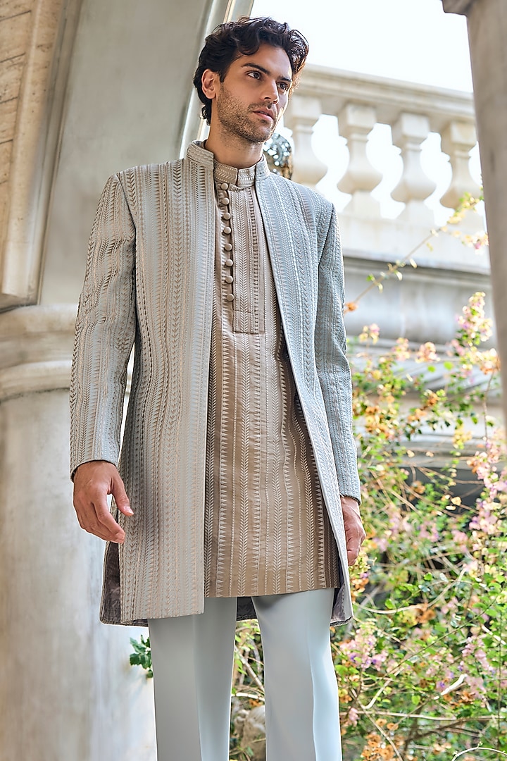 Sage Green Italian Crepe Thread Embroidered Open Groom Indowestern Set by Seema Gujral Men at Pernia's Pop Up Shop
