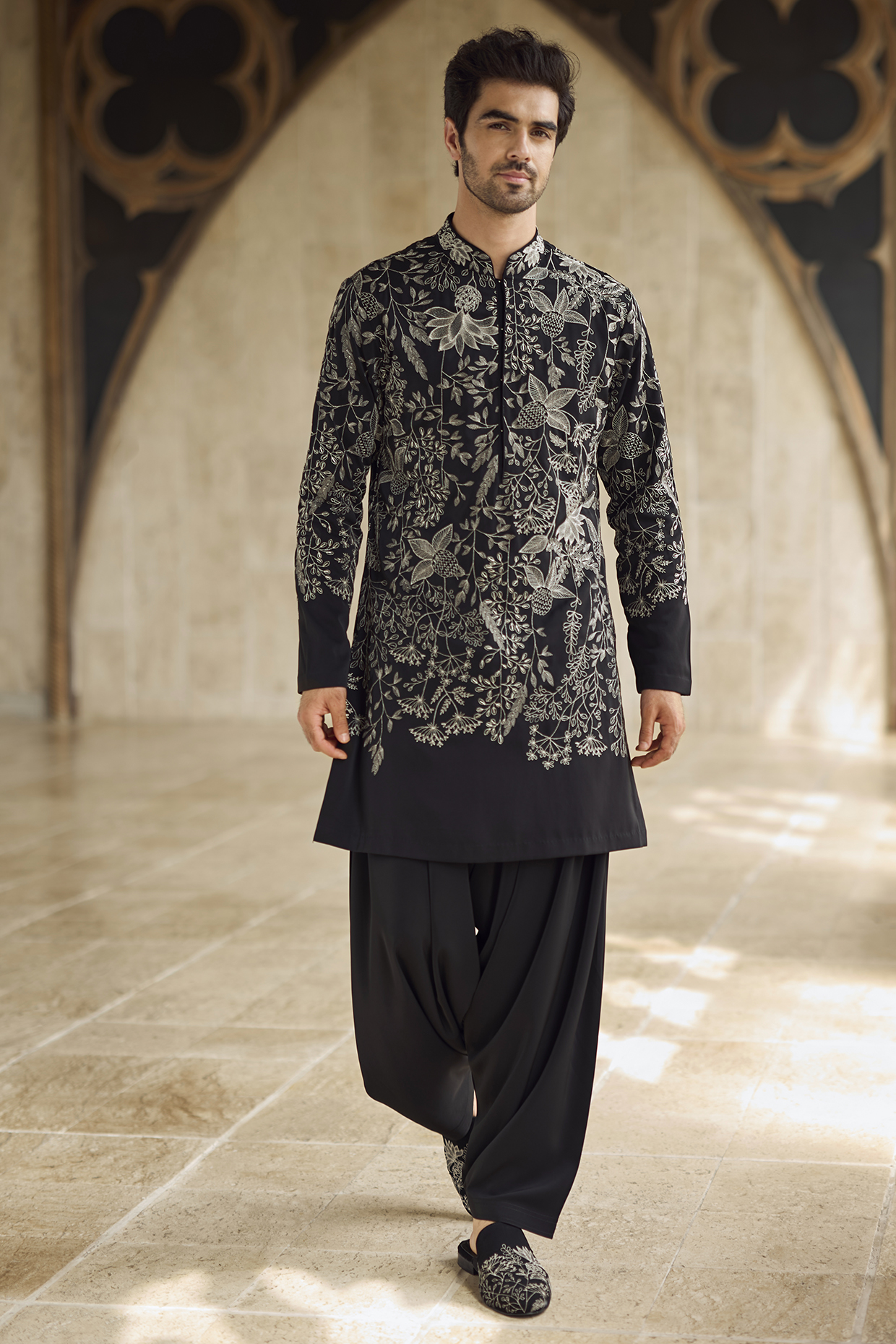 Black Italian Crepe Zari Embroidered Kurta Set by Seema Gujral Men