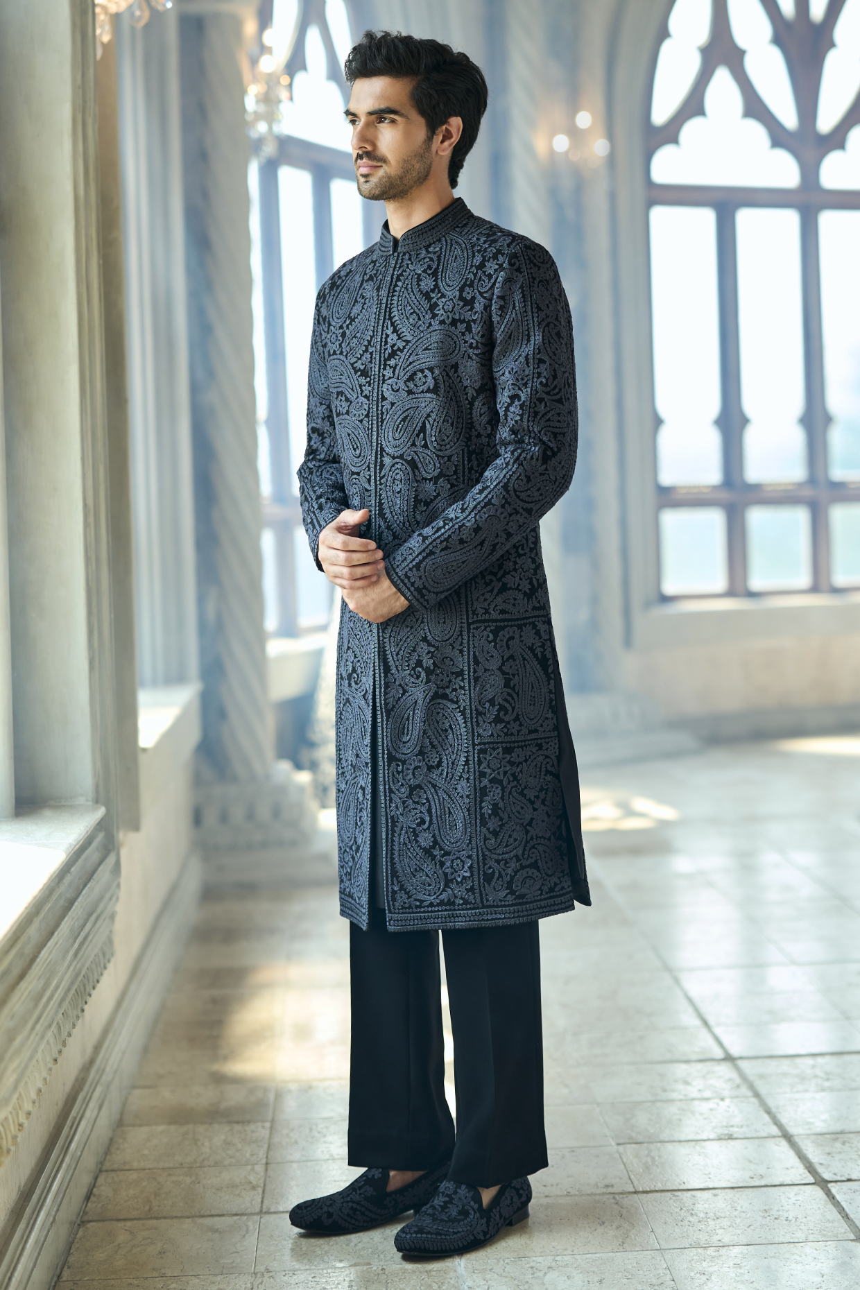 Black Italian Crepe Thread Embroidered Sherwani Set by Seema Gujral Men