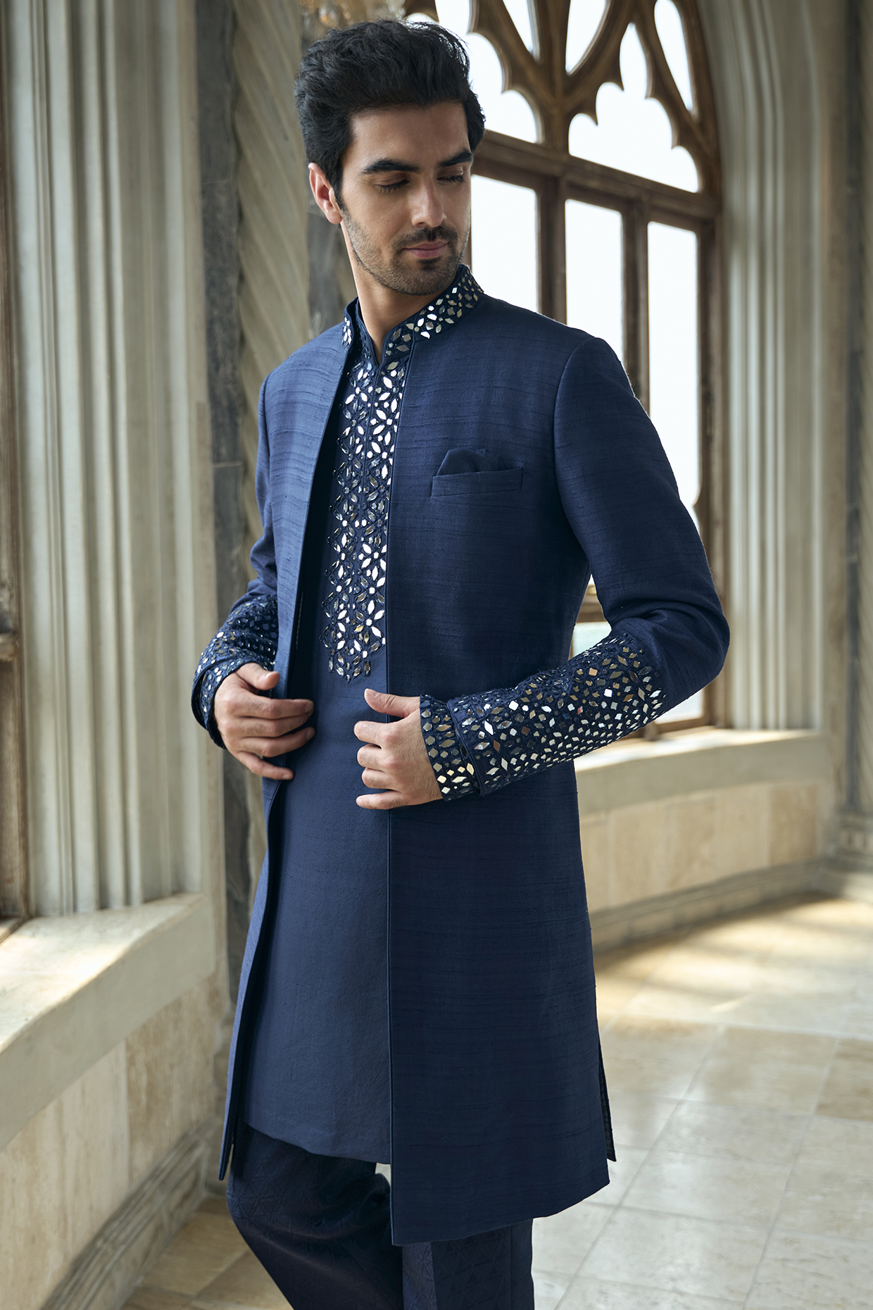 Persian Blue Raw Silk Mirror Work Open Sherwani Set by Seema Gujral Men