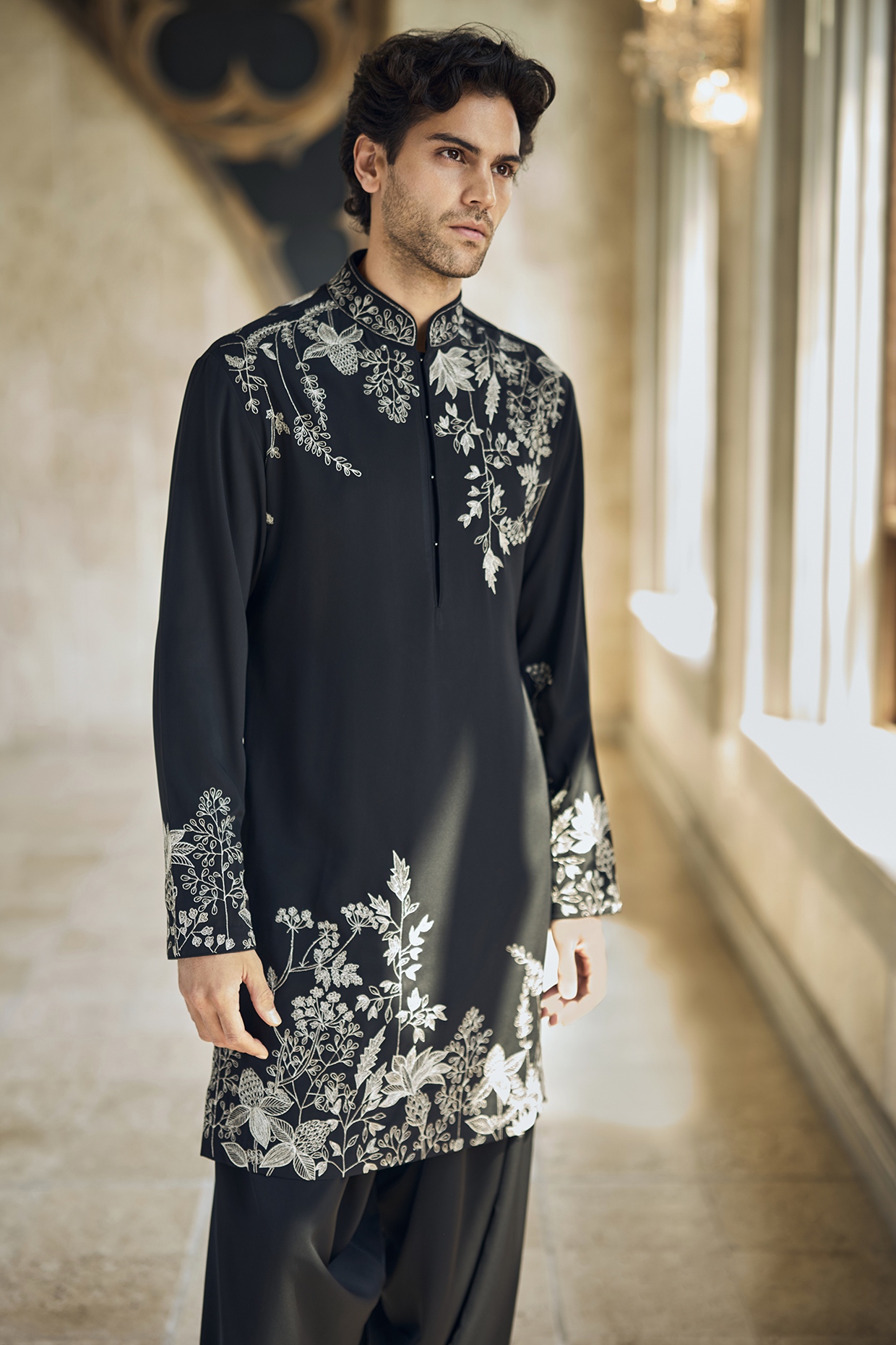 Black Italian Crepe Zari Embroidered Kurta Set by Seema Gujral Men