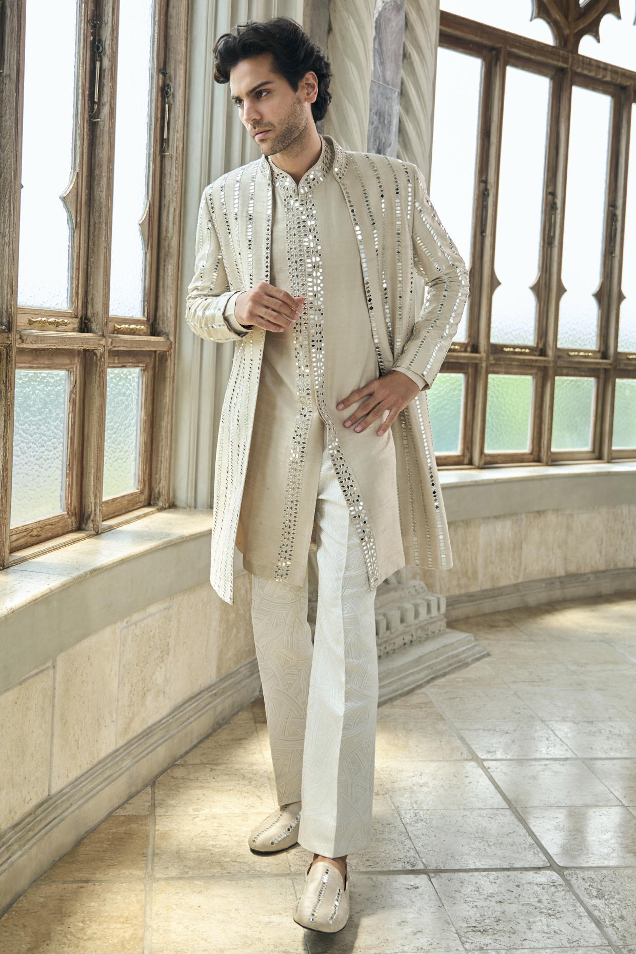 Beige Raw Silk Mirror Embroidered Sherwani Set by Seema Gujral Men
