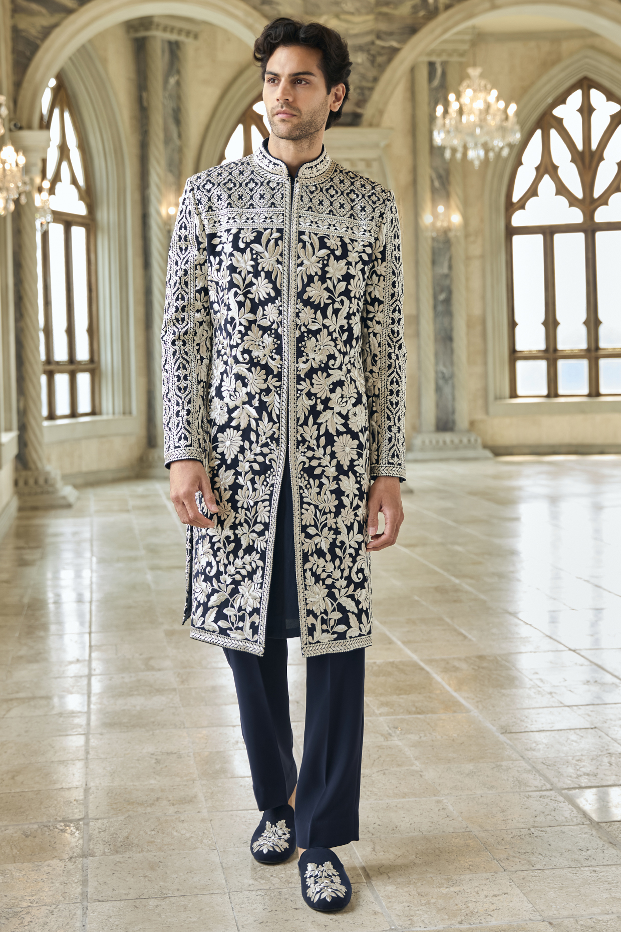 Navy Italian Crepe Thread Embroidered Sherwani Set by Seema Gujral Men