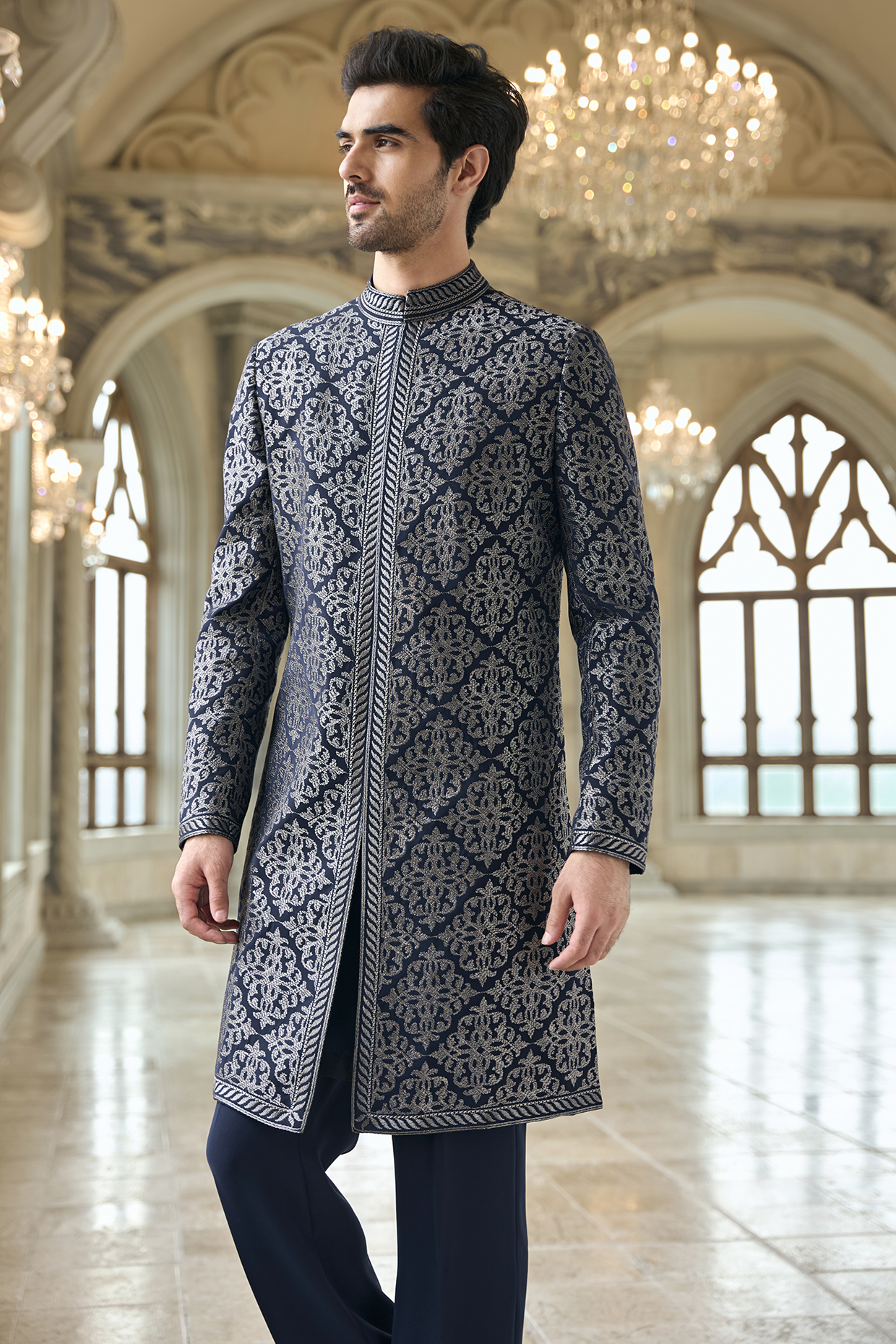 Navy Italian Crepe Thread Embroidered Sherwani Set by Seema Gujral Men