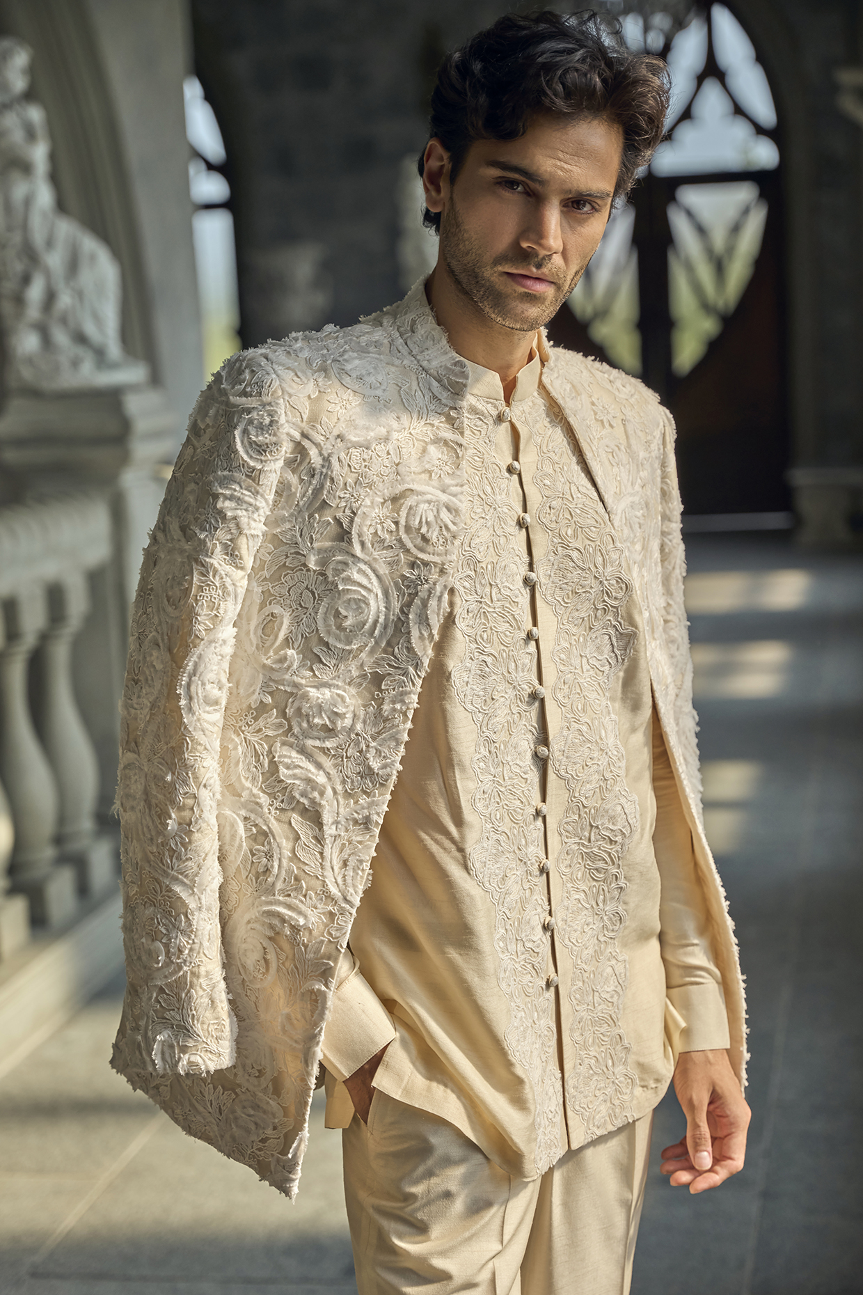 Ivory Raw Silk Embroidered Indowestern Set by Seema Gujral Men