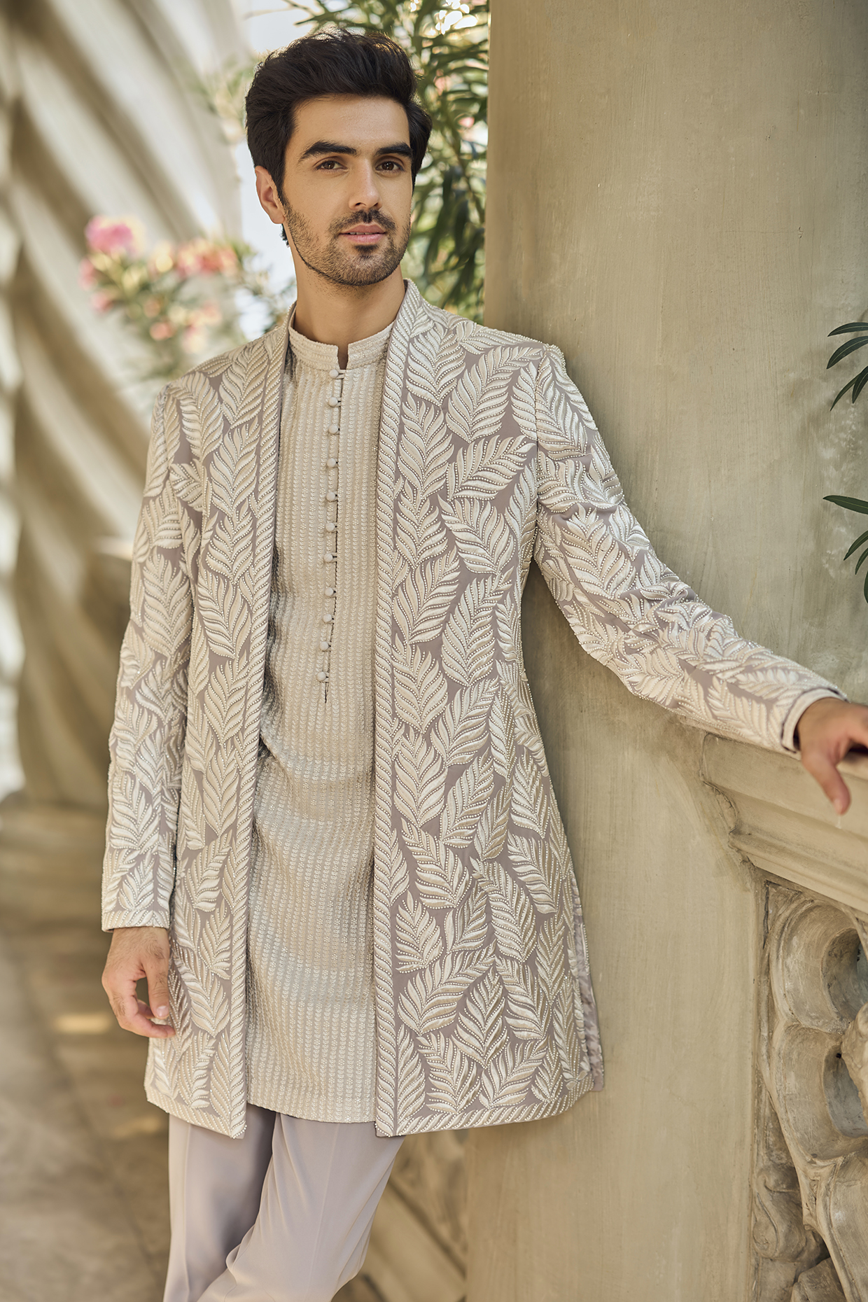 Grey Italian Crepe Embroidered Indowestern Set by Seema Gujral Men